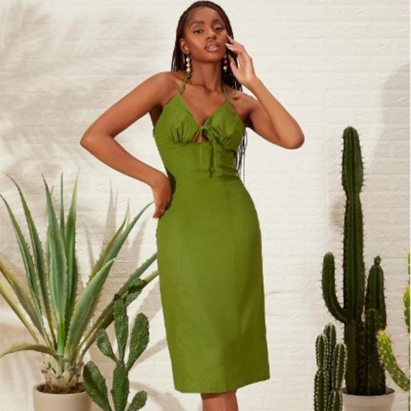 🎉 HP 🎉 Linen Olive Green Halter Vacay Backless  Dress- 2 - Picture 1 of 5